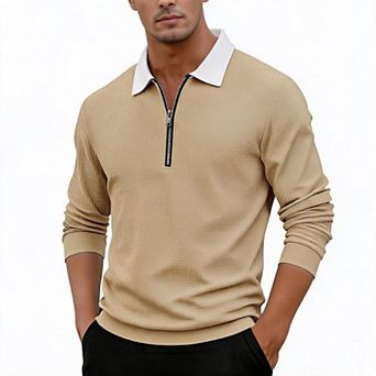 Mens Waffle Knit Long Sleeve Polo Shirt Half Zip Contrast Collar Casual Pullover Top
