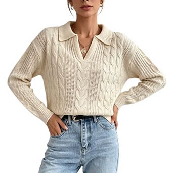 Women's Polo Collar Half Zip Cable Knit Long Sleeve Loose Casual Pullover Sweater