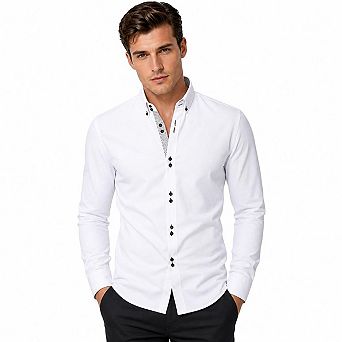 Mens Long Sleeve Dress Shirt Contrast Cuff Button Down Collar Slim Fit Business Casual Top