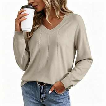 Women's V Neck Long Sleeve Cable Detail Knit Slim Casual Pullover Sweater
