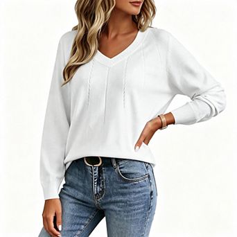 Women's V Neck Long Sleeve Cable Detail Knit Slim Casual Pullover Sweater