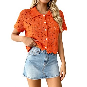 Women Crochet Lightweight Cardigan Short Sleeve Sweater Shirt