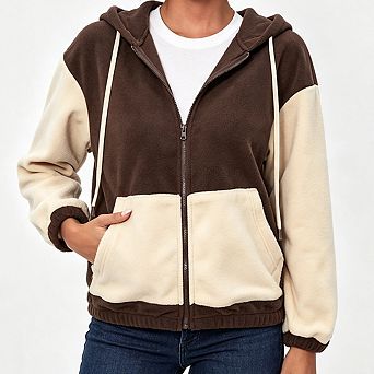 Women Color Block Fleece Jacket Full Zip Drawstring Long Sleeve Relaxed Fit Casual Outerwear Hoodie