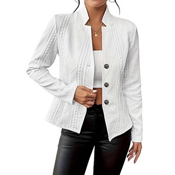 Womens Long Sleeve Button Down Blazers Stand Collar Textured Business Casual Suit Jackets