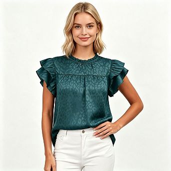 Seoria Animal Print Ruffle Short Sleeves Blouse Crewneck Tops