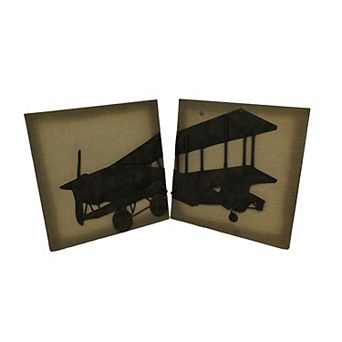 2 pc Metal Vintage Airplane On Fabric Wall Hanging Set