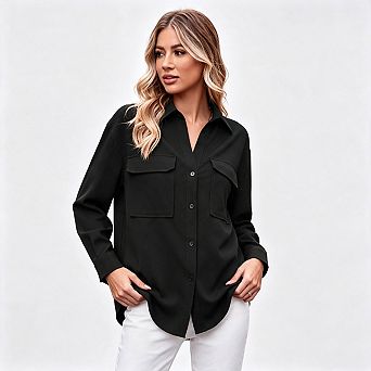 Seoria Button Down Long Sleeves Pocket Shacket Tops Shirts