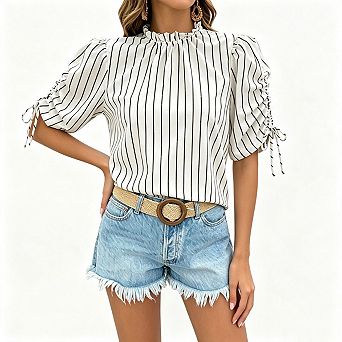 Seoria Striped High Neck Puff Short Sleeves Tops Ruched Tie Blouses