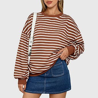 Womens Oversized Striped Sweatshirt Casual Long Sleeve Crewneck Loose Trendy Pullover Tops