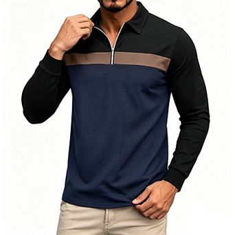 Men Long Sleeve Quarter Zip Polo Shirt Color Block Lapel Collar Fall Casual Pullover Top Daily Wear