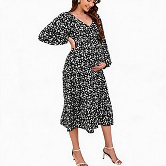 Women's Maternity Floral V-Neck High-Waist Midi Dress