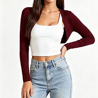 Women Open Front Long Sleeve Knit Cropped Shrug Rib Trim Casual Layering Cardigan
