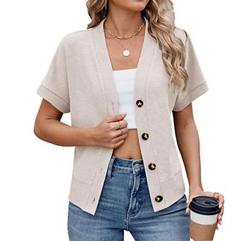 Women's Knit Cardigan Short Sleeve Button Down V Neck Sweater Tops