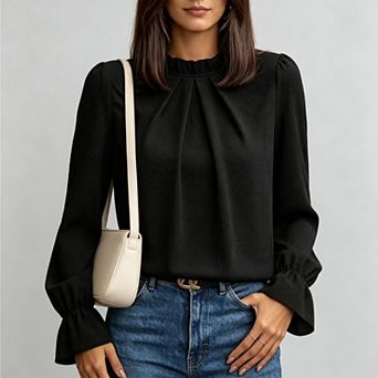 Women's Swiss Dot Shirt Ruffle Long Sleeve Pleated Crewneck Blouse Casual Loose Tops