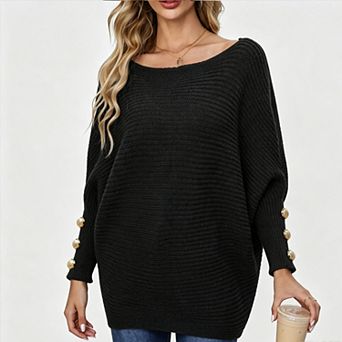 Womens Boat Neck Loose Sweaters Tops Dolman Batwing Sleeve Ribbed Knitted Pullovers