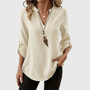 Women's Linen Shirt Casual V Neck 3/4 Sleeve Loose Fit Blouse Lightweight Elegant Office Work Top