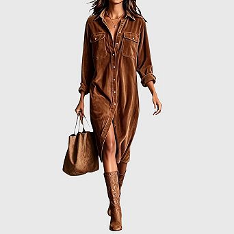 Women's Corduroy Button Down Shirt Dress Fall Casual Lapel Shift Midi Dress