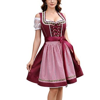 Women's Oktoberfest Dirndl Dress 3 pc Set Lace Blouse Check Apron Traditional Festival Costume
