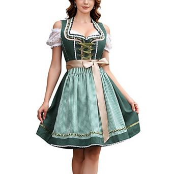 Women's Oktoberfest Dirndl Dress 3 pc Set Lace Blouse Check Apron Traditional Festival Costume