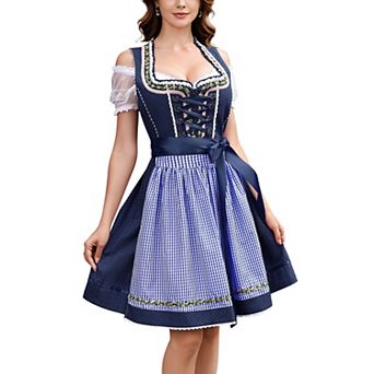 Women's Oktoberfest Dirndl Dress 3 pc Set Lace Blouse Check Apron Traditional Festival Costume