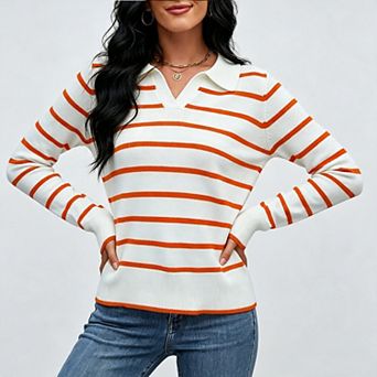 Women's Long Sleeve Classic v Neck Fall Winter Polo Sweater Basic Collared Knitted Pullover Shirts