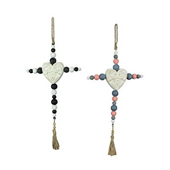 19 Inch Wooden Bead Cross Wall Hanging Home Decor Modern Decorative Art Set Of 2