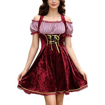 Women's Dirndl Dress Oktoberfest Costume Velvet Gingham Cold Shoulder 3 in 1 Festival Outfits