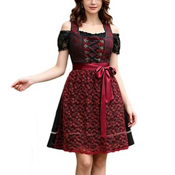 Women's Dirndl Dress Oktoberfest Costume Velvet Gingham Cold Shoulder 3 in 1 Festival Outfits