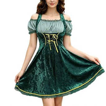 Women's Dirndl Dress Oktoberfest Costume Velvet Gingham Cold Shoulder 3 in 1 Festival Outfits