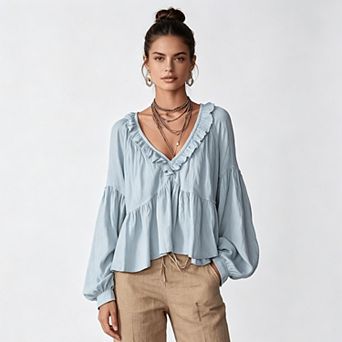 Women V-Neck Ruffle Trim Balloon Long Sleeve Loose Tiered Flowy Casual Blouse Top