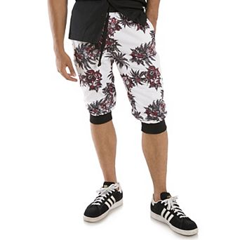 Vibes Men's Fleece Jogger Capri Shorts 18" Inseam Fern Floral Print Rib Waist & Cuff