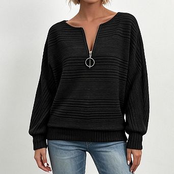 Womens Ribbed Knit Sweatshirt Half Zip V Neck Dolman Long Sleeve Loose Pullover Top