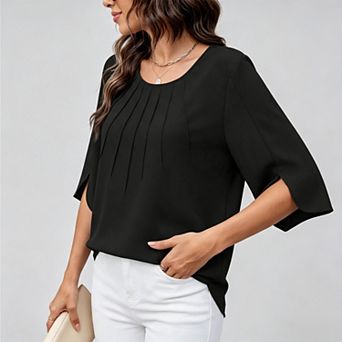Womens Crewneck Pleated Summer Split 3/4 Sleeve Tops Dressy Casual Elegant Blouses