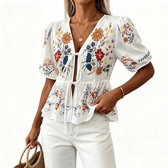 Women V Neck Tie Front Floral Print Puff Short Sleeve Peplum Hem Casual Summer Blouse Top