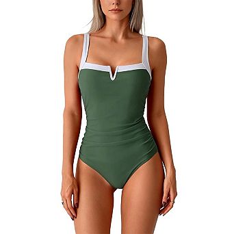 Women’s Colorblock V-Neck One-Piece Swimsuit Tummy Control and Full Coverage Shaping Swimwear