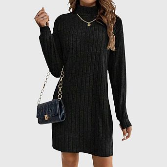 Women's Sweater Dress Casual Turtleneck Pullover Loose Long Sleeve Ribbed Knit Dresses