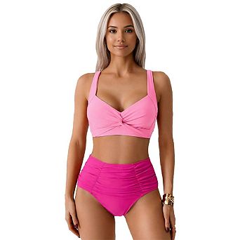 Womens High-Waist Two-Piece Bikini Swimsuit with Twisted V-Neck Top and Ruched Tummy Control Bottoms