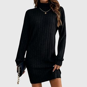 Women's Pullover Sweater Dress Casual Turtleneck Long Sleeve Loose Ribbed Knit Dresses