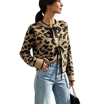 Women's Casual Leopard Print Bow Tie Knit Cardigan Crew Neck Long Sleeve Open Front Sweaters