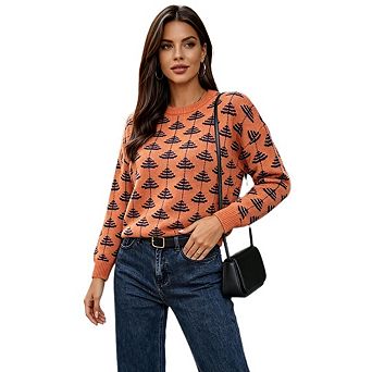 Women's Vintage Geometric Jacquard Knit Top Loose Crew Neck Long Sleeve Pullover Sweaters