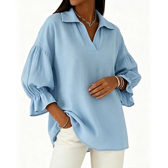 Women's Casual Loose Lapel V‑Neck Blouse Puff Sleeve Solid Color Tops