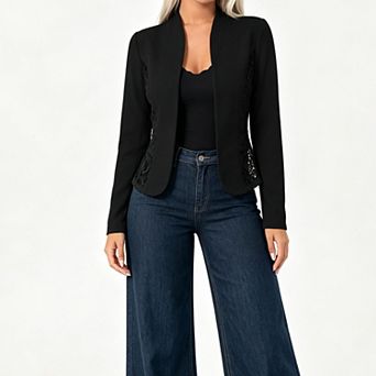 Women Open Front Lace Spliced Blazer, Long Sleeve Slim Fit Cropped Casual Suit Jacket