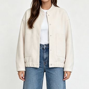 Women Stand Collar Hidden Button Jacket, Loose Long Sleeve Pocket Casual Warm Outerwear Coat