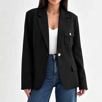 Women Notched Lapel Blazer, Single Button Long Sleeve Loose Suit Jacket With Multi Flap Pockets