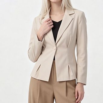 Women Single Button Blazer, Notched Lapel Pleated Waist Slim Long Sleeve Office Suit Jacket