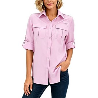 Women's Button Down Shirt Roll Tab Long Sleeve Cargo Pocket Casual Dressy Blouse For Office Wear