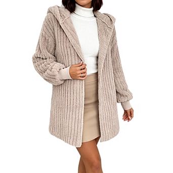 Women Hooded Fuzzy Fleece Open Front Cardigan Coat Double Sided Plush Warm Winter Soft Outerwear