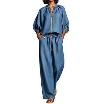 Women's 2 pc Casual Outfit Zip Front Puff Long Sleeve Top Drawstring Straight Wide Leg Pants Set