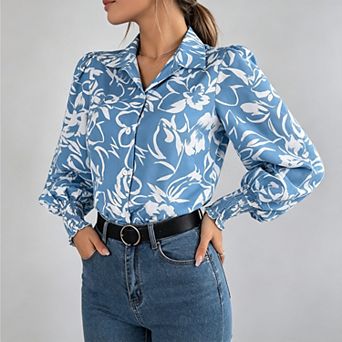 Womens Boho v‑Neck Floral Lantern Long Sleeve Fall Blouse,Dressy Casual Business Shirt