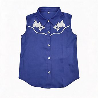 Girls' Sleeveless Embroidered Button-Front Blouse